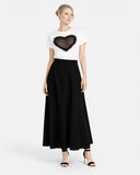 ANI ARPÉ white cotton t-shirt with a black tulle heart applique and ruffled trim.