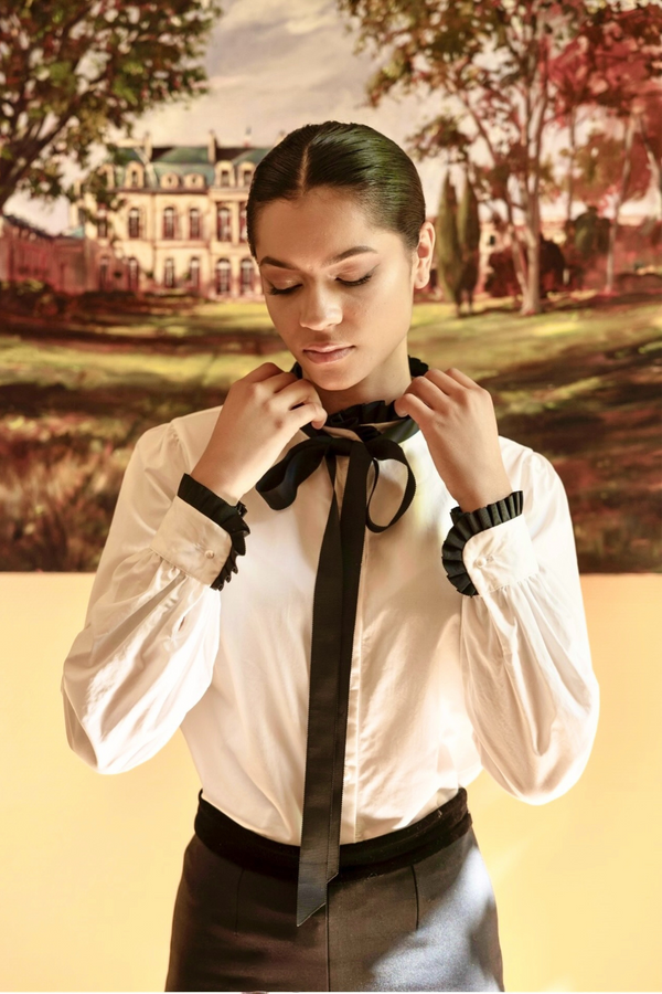 women's white shirt with lavaliere collar