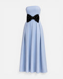 Robe de soirée bustier bleu pastel nœud en velours